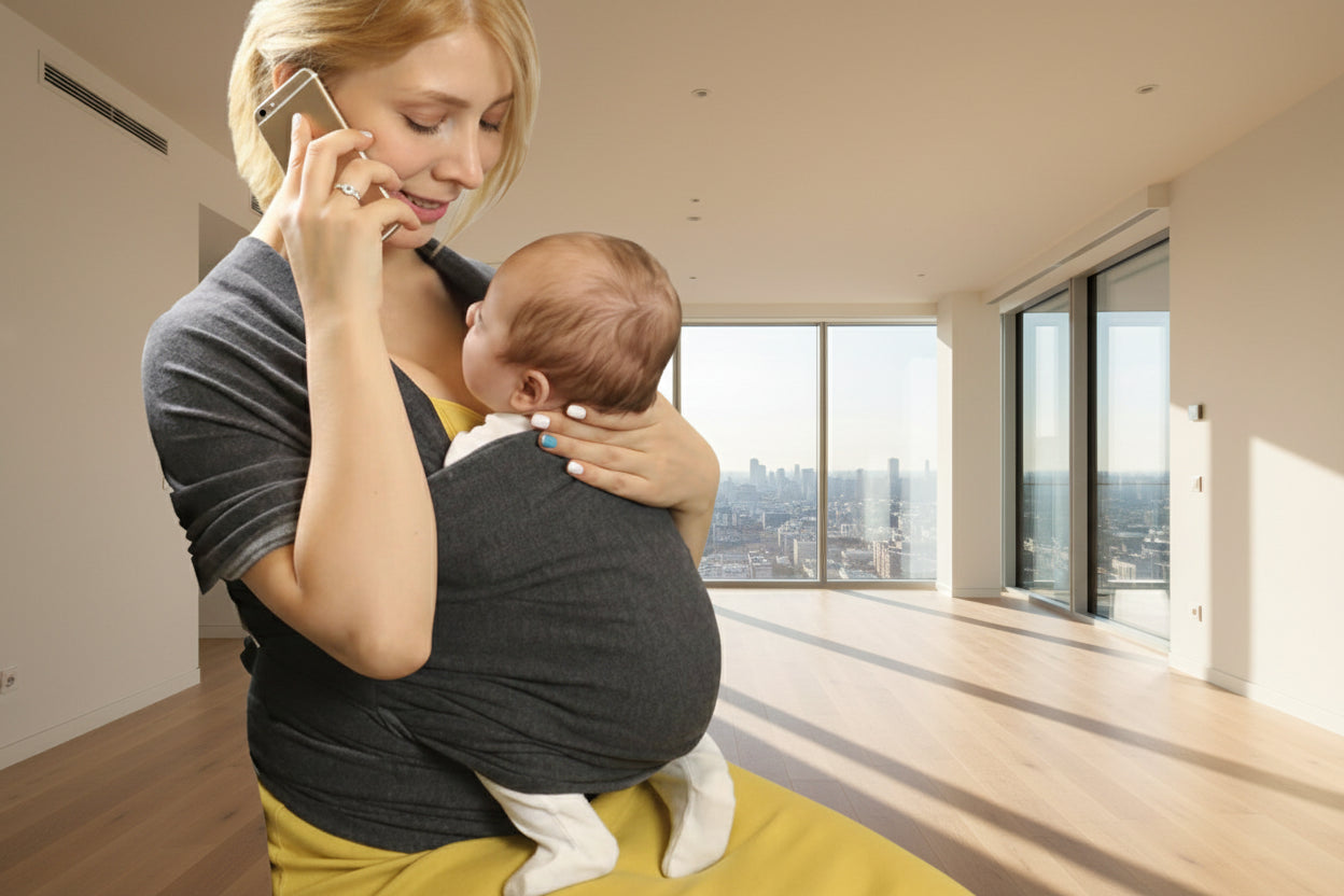Woman holding a baby in a sling and talking on a phone in a room with furniture and bags.