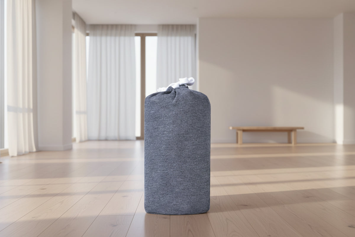 Gray drawstring bag on a white background