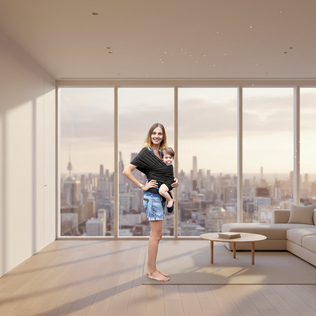 Woman holding a child in a black sling outdoors on a wooden deck.