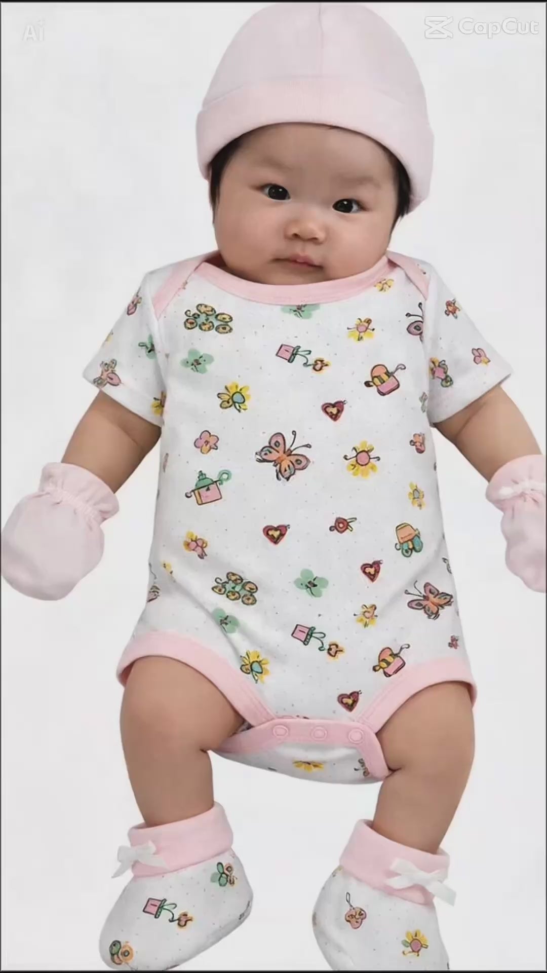 Newborn Baby Girl 14-Piece Layette Set modeled by infant wearing floral bodysuit, mittens, hat, and booties. Ideal baby shower gift for newborn girls.