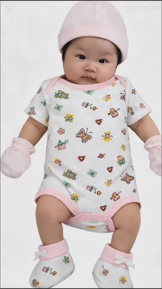 Newborn Baby Girl 14-Piece Layette Set modeled by infant wearing floral bodysuit, mittens, hat, and booties. Ideal baby shower gift for newborn girls.