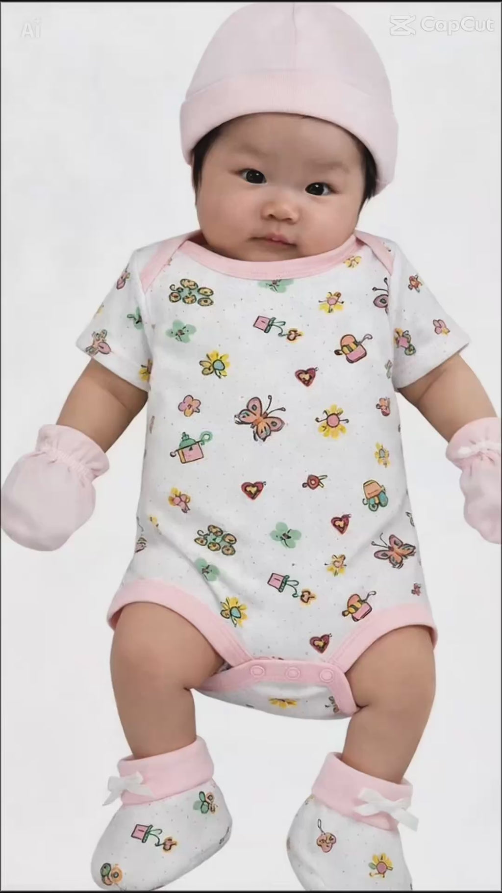 Newborn Baby Girl 14-Piece Layette Set modeled by infant wearing floral bodysuit, mittens, hat, and booties. Ideal baby shower gift for newborn girls.